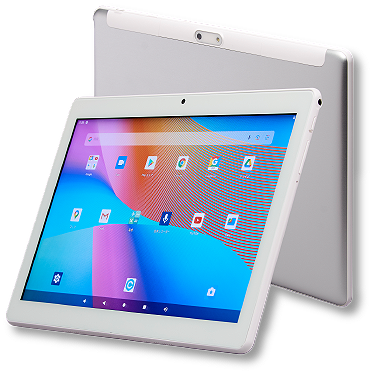 視力トレーニングシステム・ズームケアの専用タブレットは扱いやすい10インチサイズのAndroidタブレットです。ズームケアのために用意されたタブレットスタンドまたはウォールマウントと組み合わせて机上や壁面で使用するようになっています。