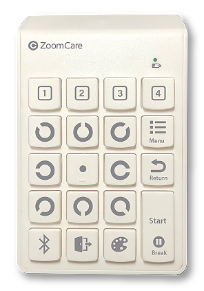 専用キーパッドは、使いやすくまた見やすく設計されたズームケアオリジナル商品です。視力測定の視標であるランドルト環を中央部のキーに配置しています。専用タブレットを離れたところからBluetooth接続によって遠隔操作できるようになっています。
