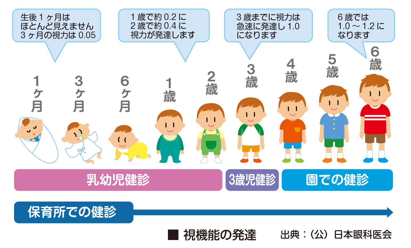日本眼科学会の資料では乳幼児は年齢とともに視機能が発達し、5～6歳ごろには視機能はピークに達するとされています。その後、視力はスマホやゲーム、受験勉強等の様々な生活環境や遺伝の影響を受けて近視になる人の割合が増え続けていきます。